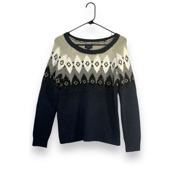 American Eagle Women's Wool Blue Fair Isle Long Sleeve Pull Over Knit Sweater - Picture 2 of 4